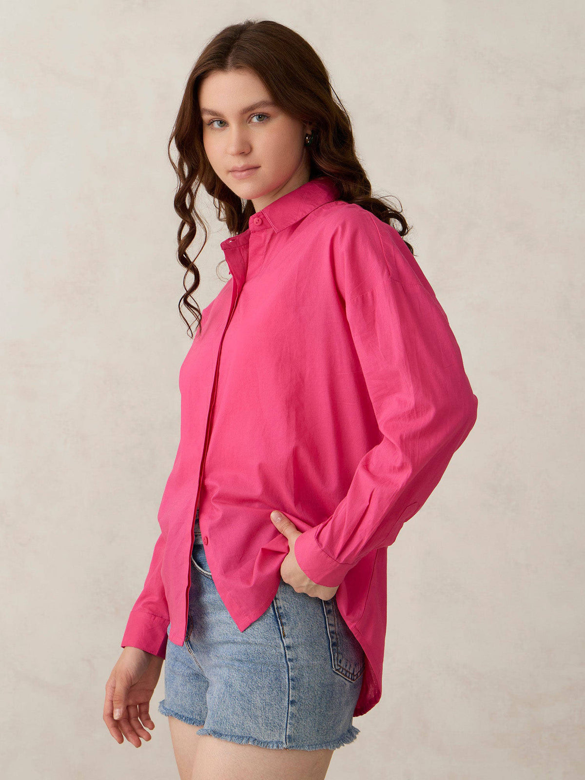 Pink Cotton Solid Oversized Street Style Shirt | S67 - view 6