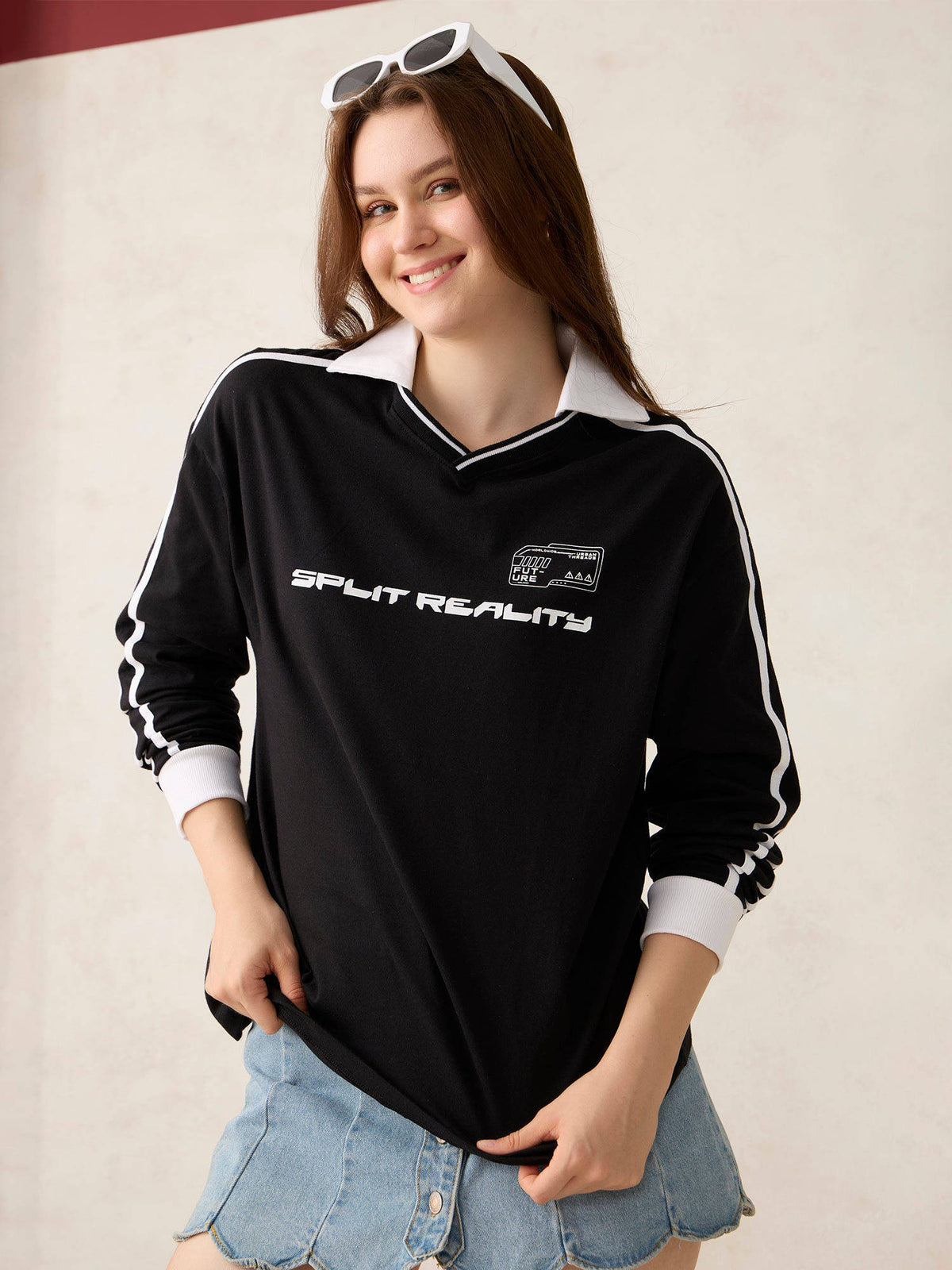 Black Cotton Varsity Oversized Street Wear T-Shirt | PW43 - view 1