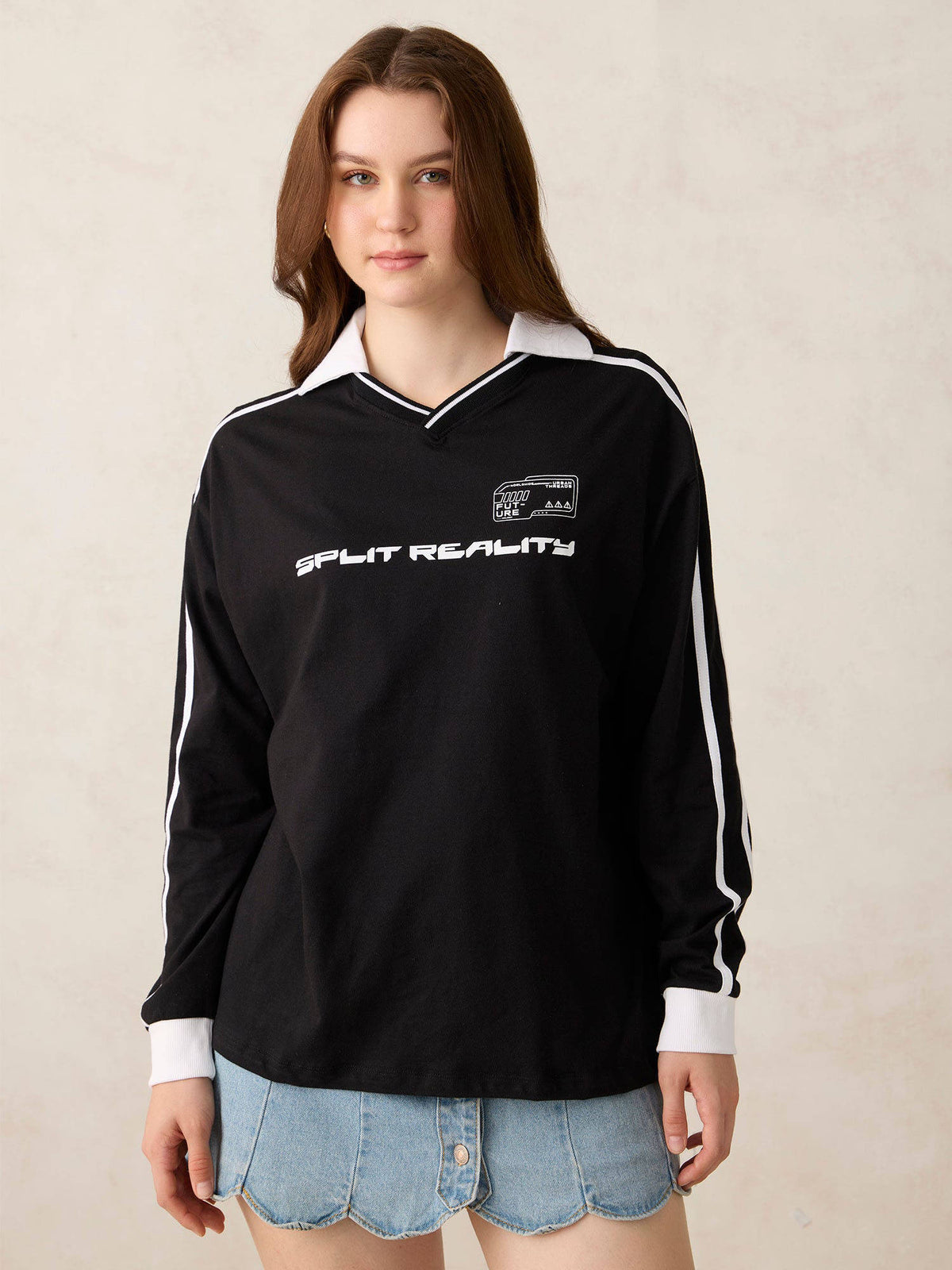 Black Cotton Varsity Oversized Street Wear T-Shirt | PW43 - view 4