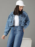 Women's Spread Collar Solid Blue Open Front Jacket | JC78 - view 1
