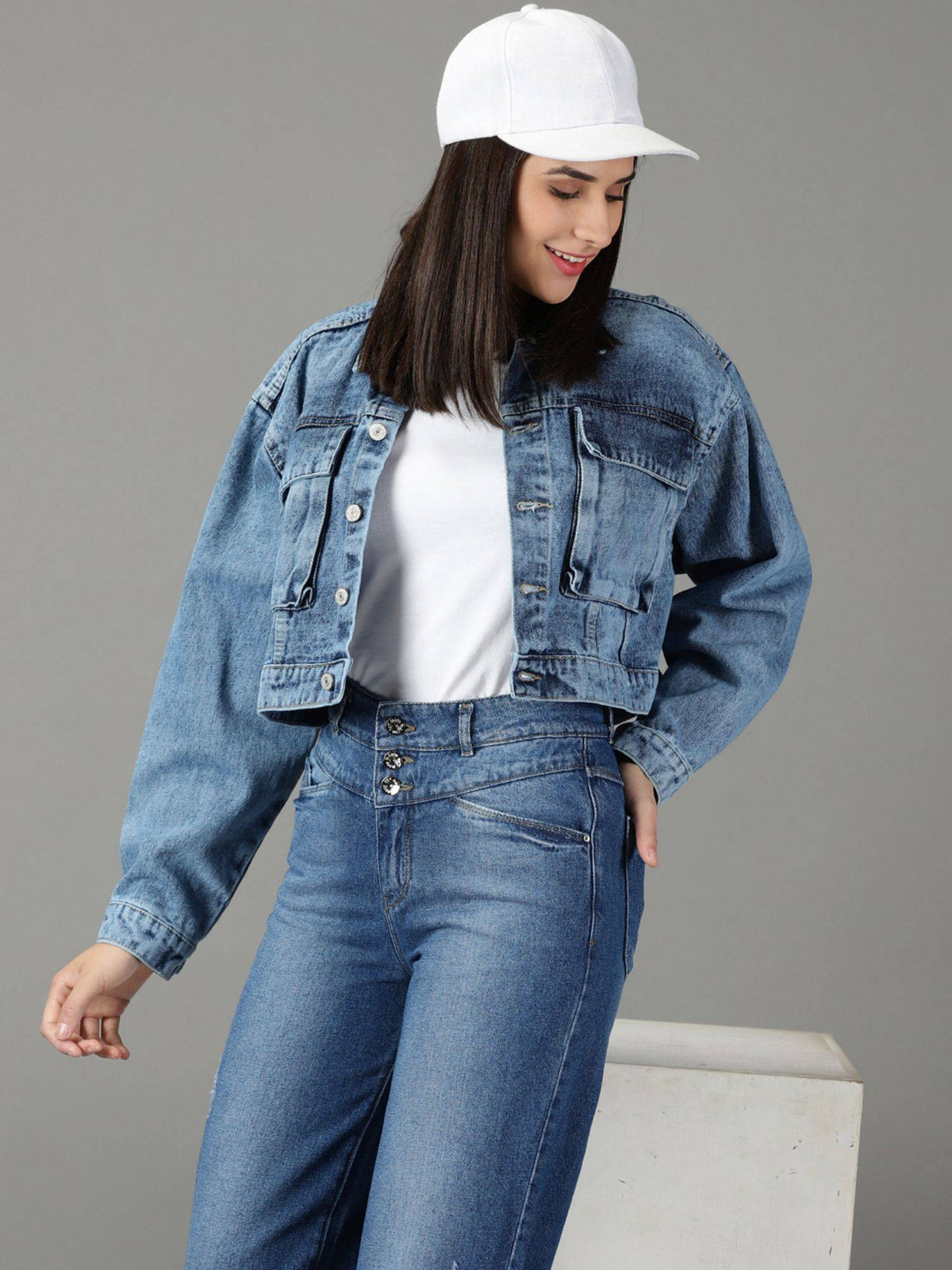 Women's Spread Collar Solid Blue Open Front Jacket | JC78 - view 1
