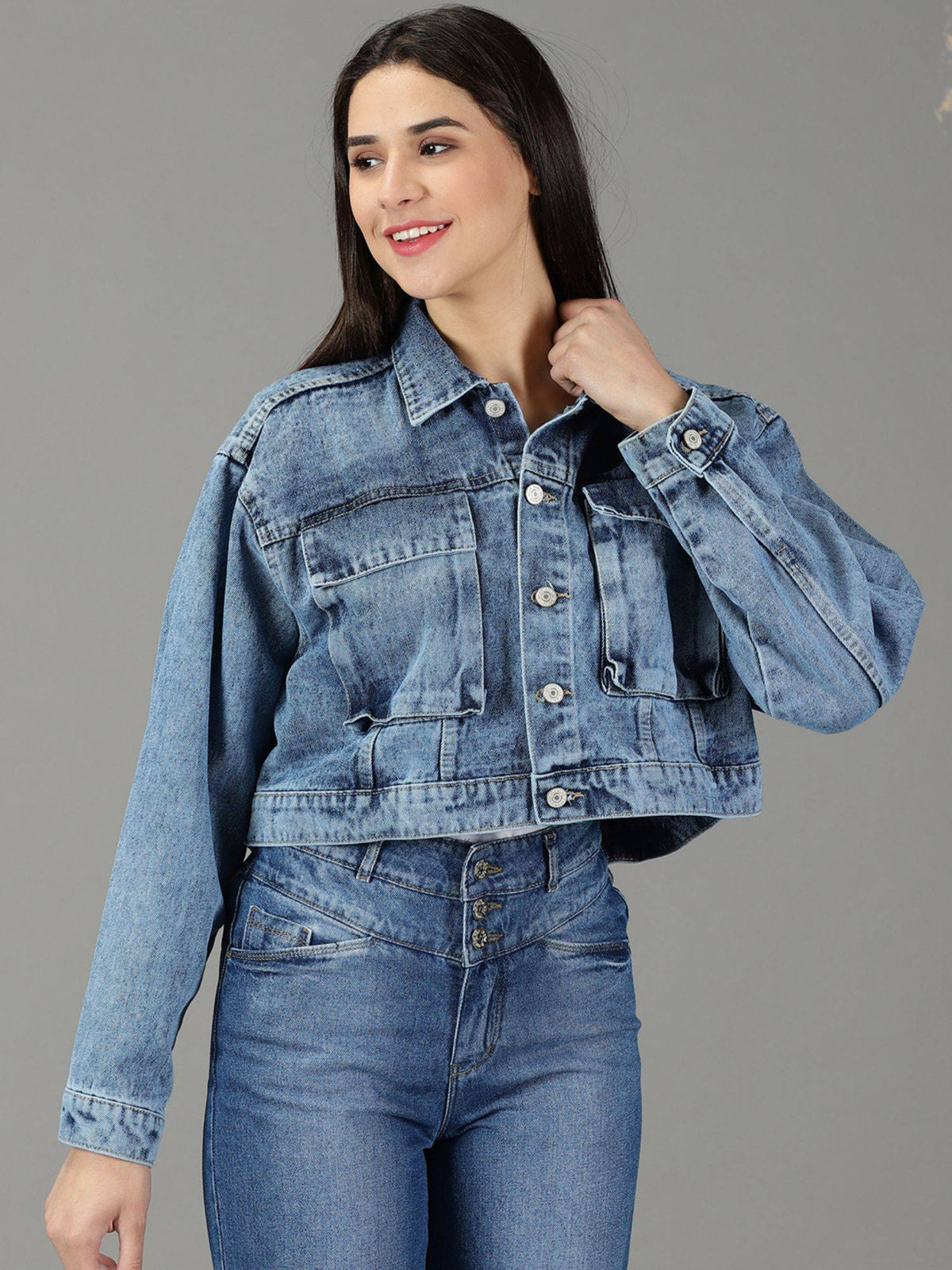 Women's Spread Collar Solid Blue Open Front Jacket | JC78 - view 2