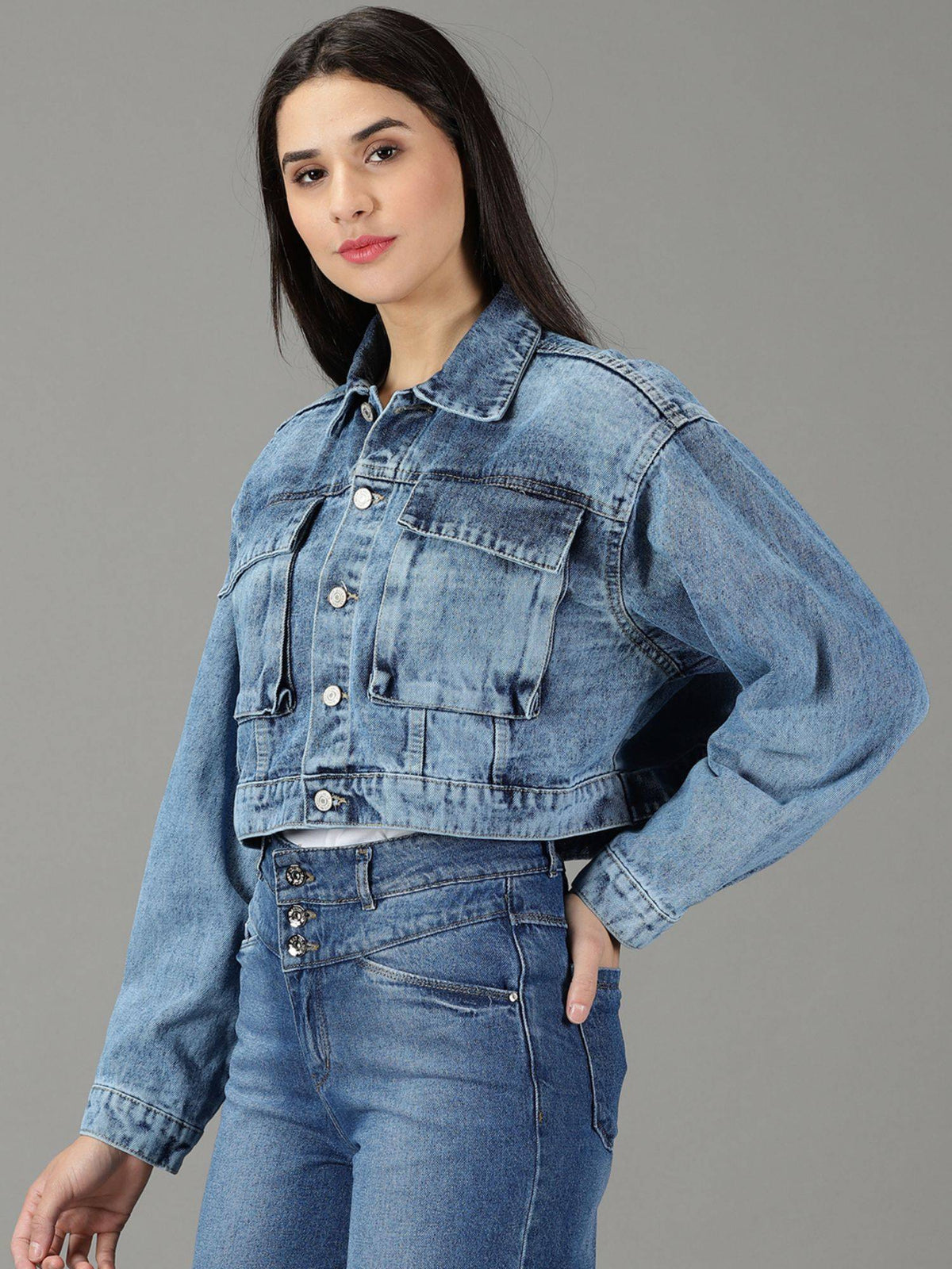 Women's Spread Collar Solid Blue Open Front Jacket | JC78 - view 3