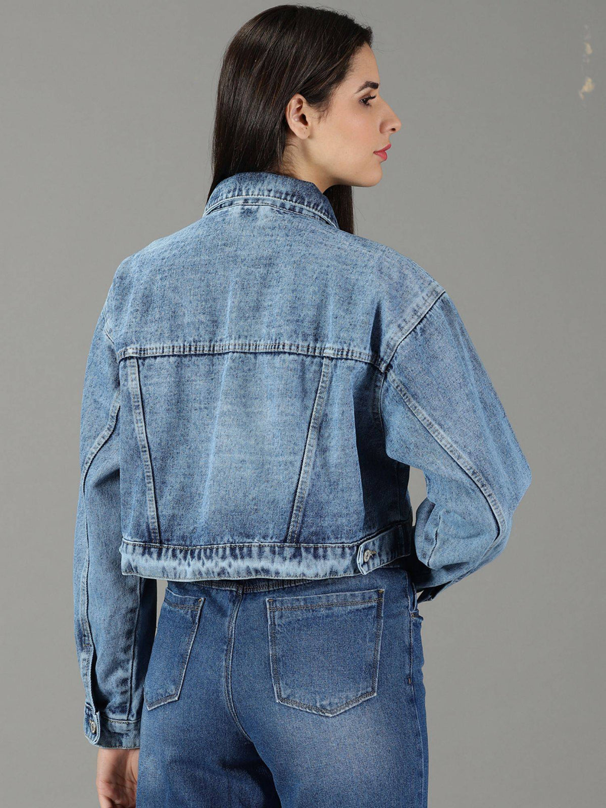 Women's Spread Collar Solid Blue Open Front Jacket | JC78 - view 4