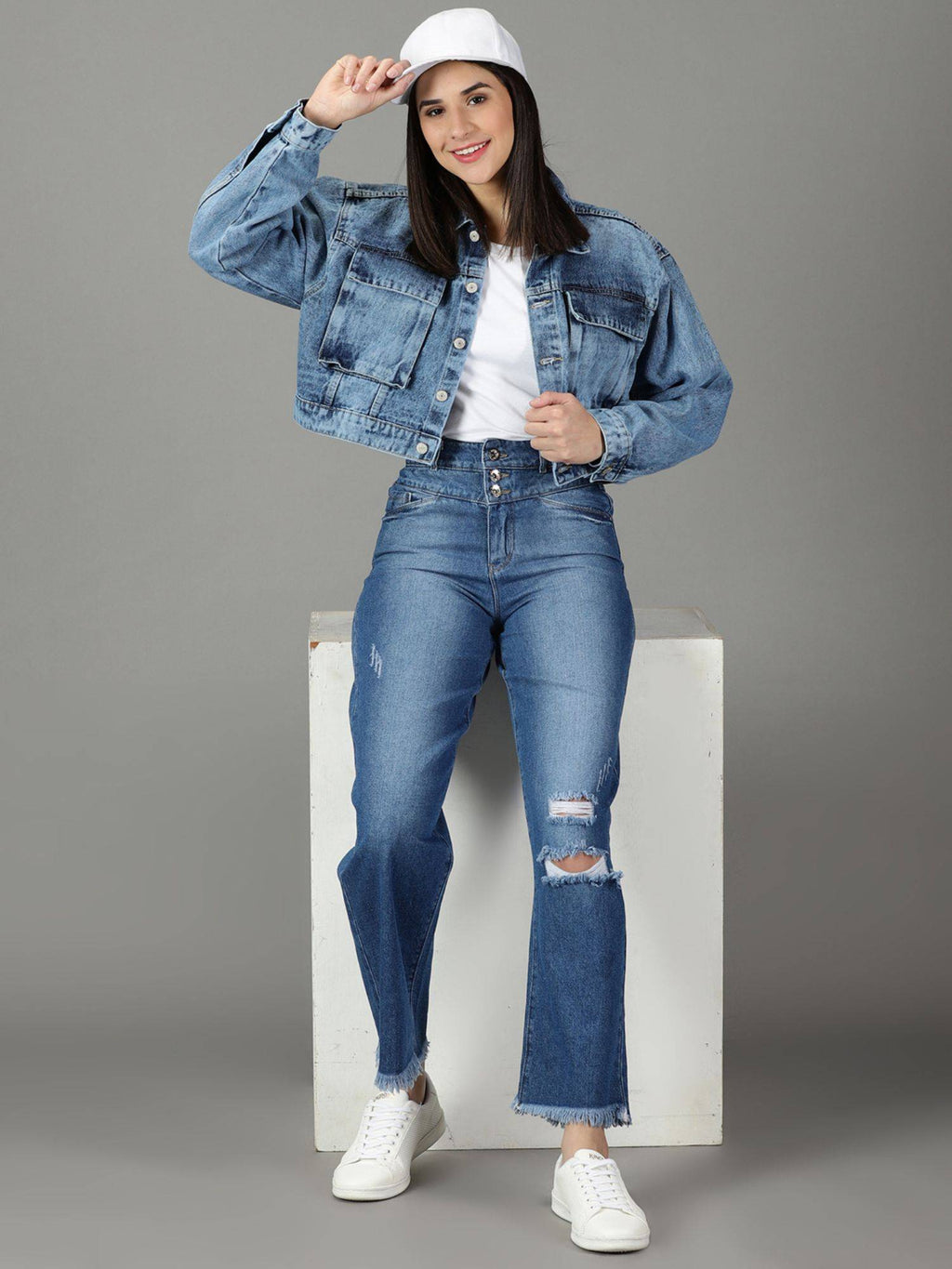 Women's Spread Collar Solid Blue Open Front Jacket | JC78 - view 5