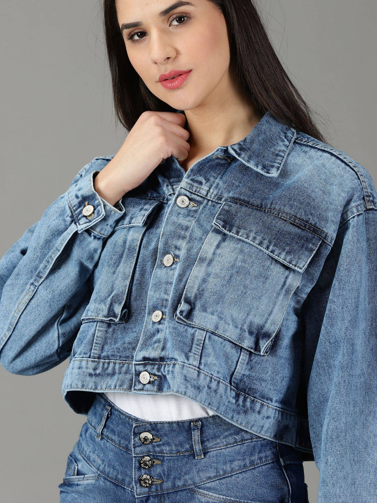 Women's Spread Collar Solid Blue Open Front Jacket | JC78 - view 6