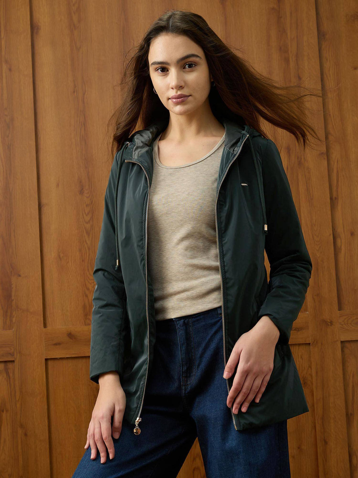 Green Solid Regular Fit Hooded Jacket | JC78 - view 1