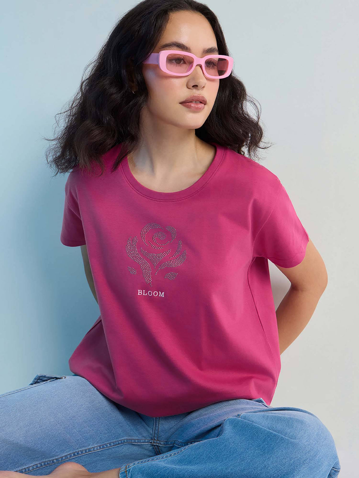 Pink Womens Stud Detailed Boxy Regular Round Neck T-Shirt | TS56 - view 1