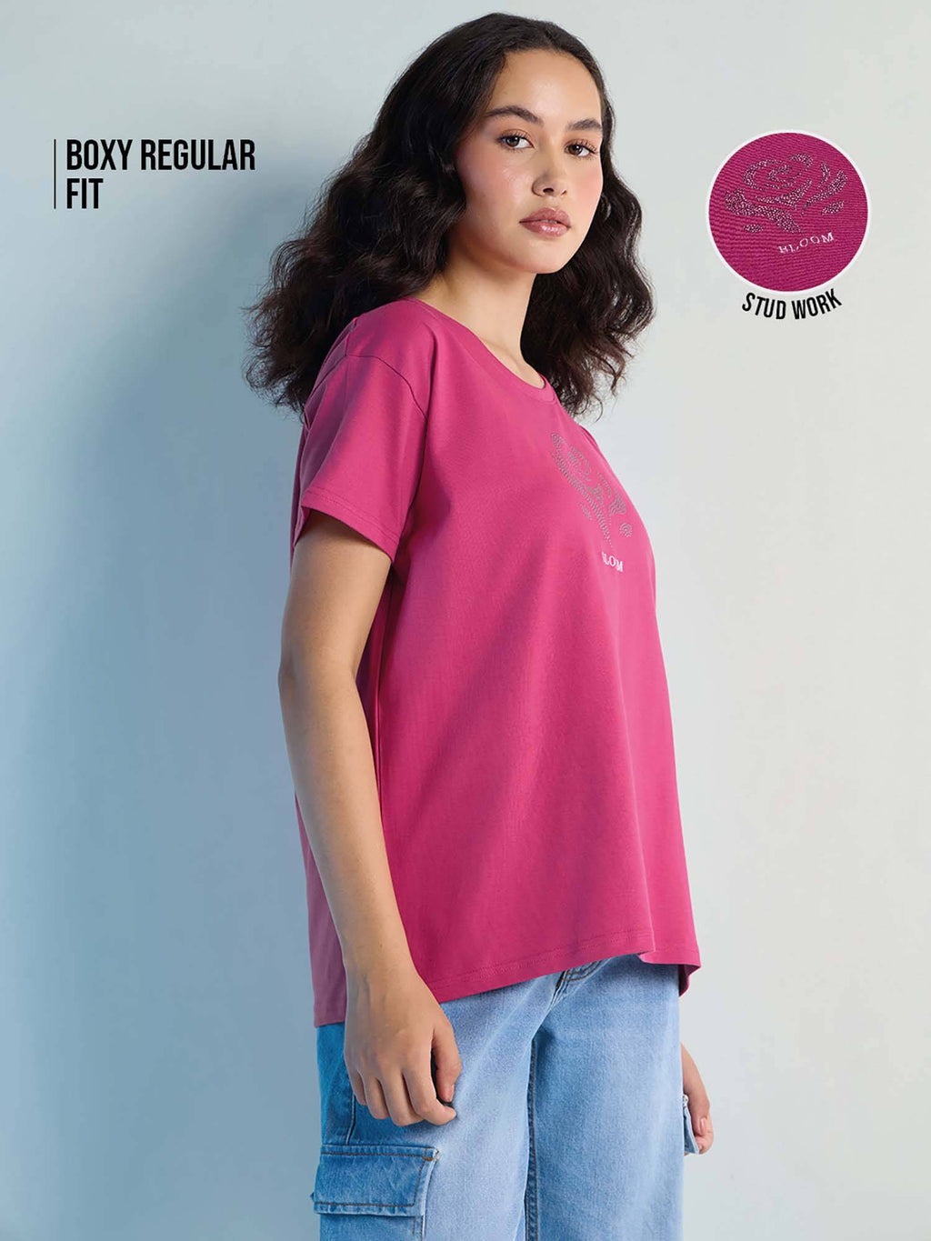 Pink Womens Stud Detailed Boxy Regular Round Neck T-Shirt | TS56 - view 3