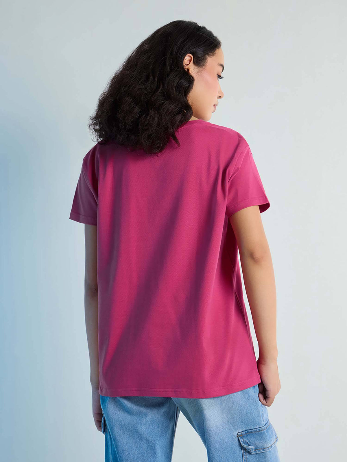 Pink Womens Stud Detailed Boxy Regular Round Neck T-Shirt | TS56 - view 4