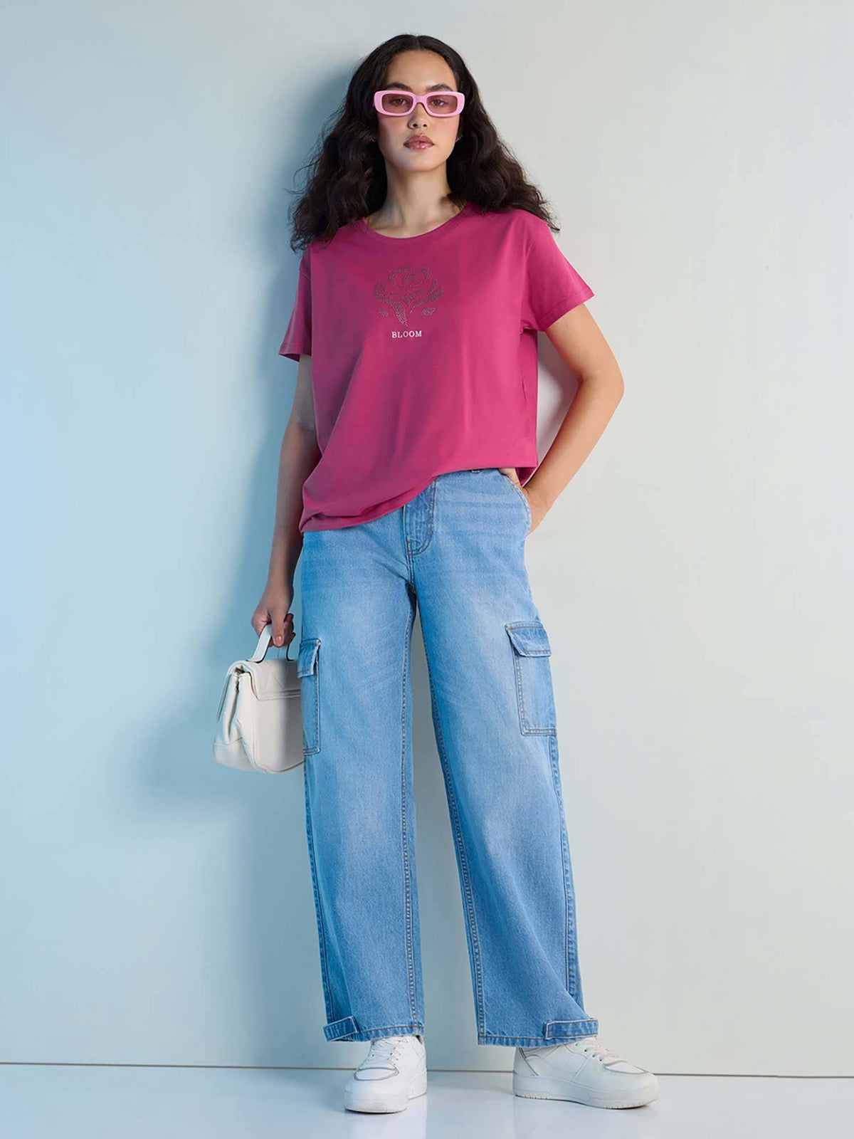 Pink Womens Stud Detailed Boxy Regular Round Neck T-Shirt | TS56 - view 5
