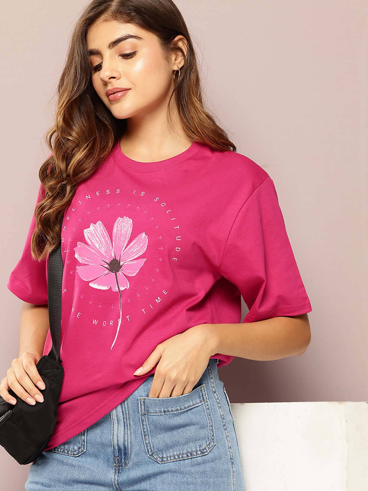 Pink Womens Half Sleeve Printed Oversized Fit T-Shirt | TS56 - view 1