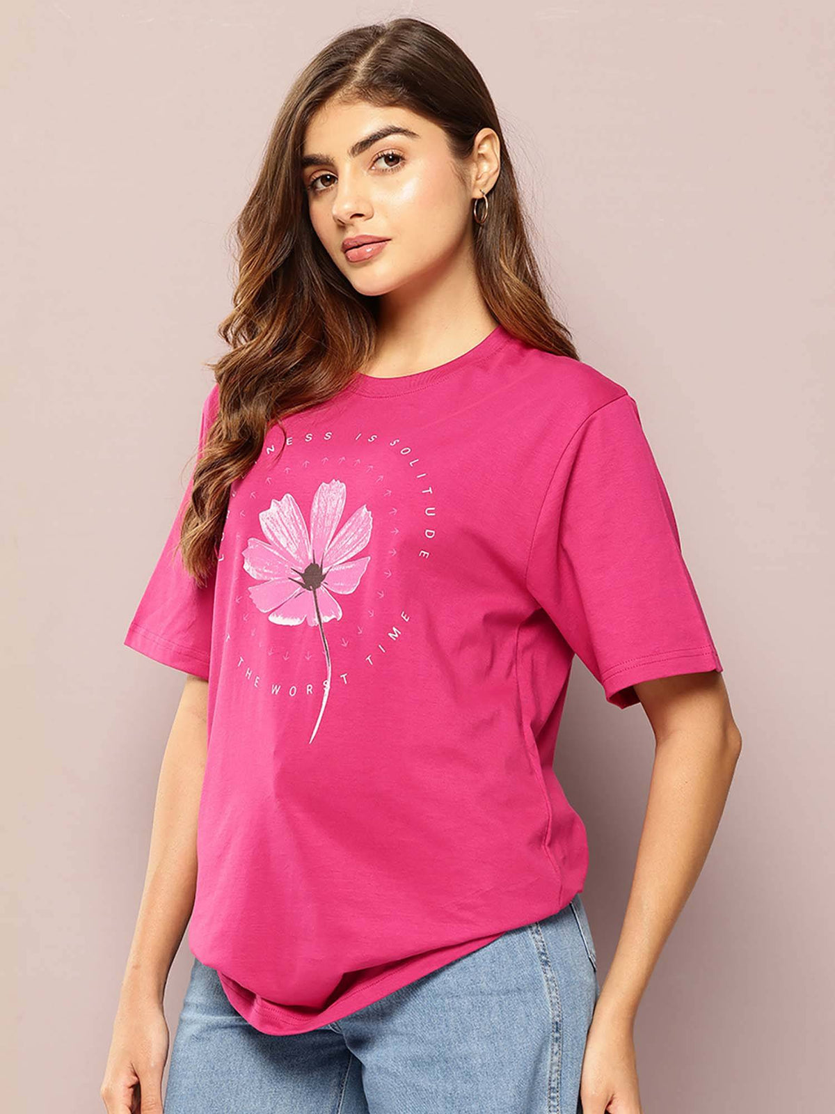 Pink Womens Half Sleeve Printed Oversized Fit T-Shirt | TS56 - view 3