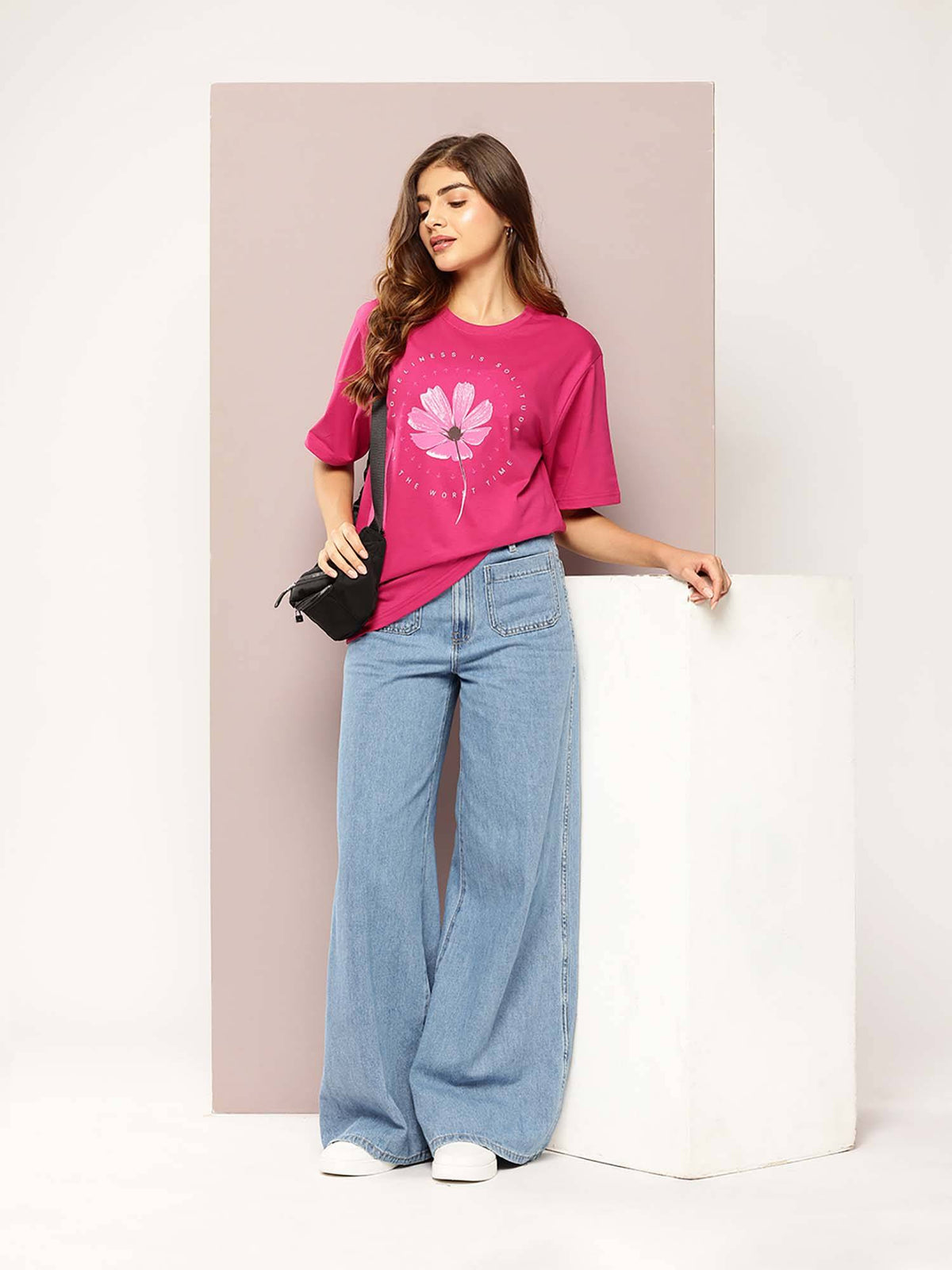 Pink Womens Half Sleeve Printed Oversized Fit T-Shirt | TS56 - view 5