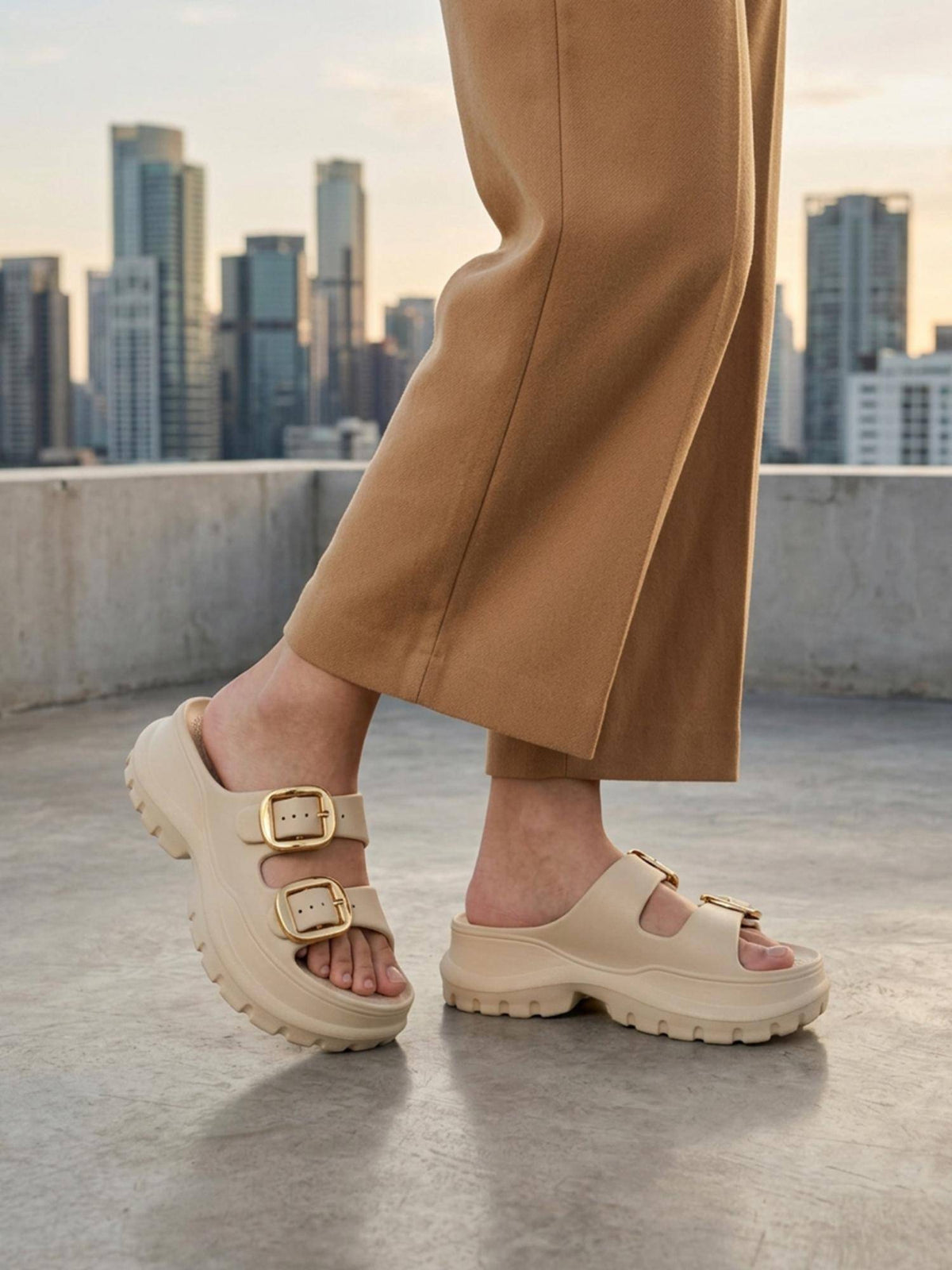 Womens Dual Strap EVA Cushion Comfort Sandals Heels - Beige | H78 - view 2