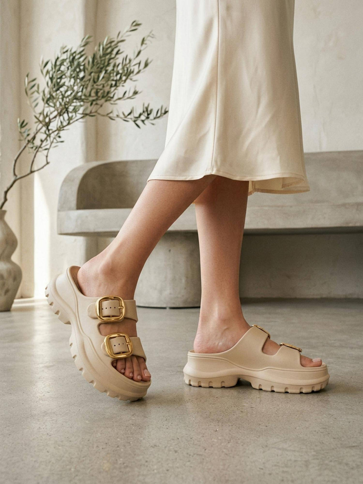 Womens Dual Strap EVA Cushion Comfort Sandals Heels - Beige | H78 - view 4