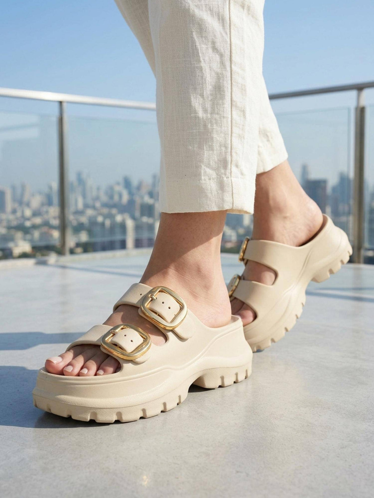 Womens Dual Strap EVA Cushion Comfort Sandals Heels - Beige | H78 - view 5