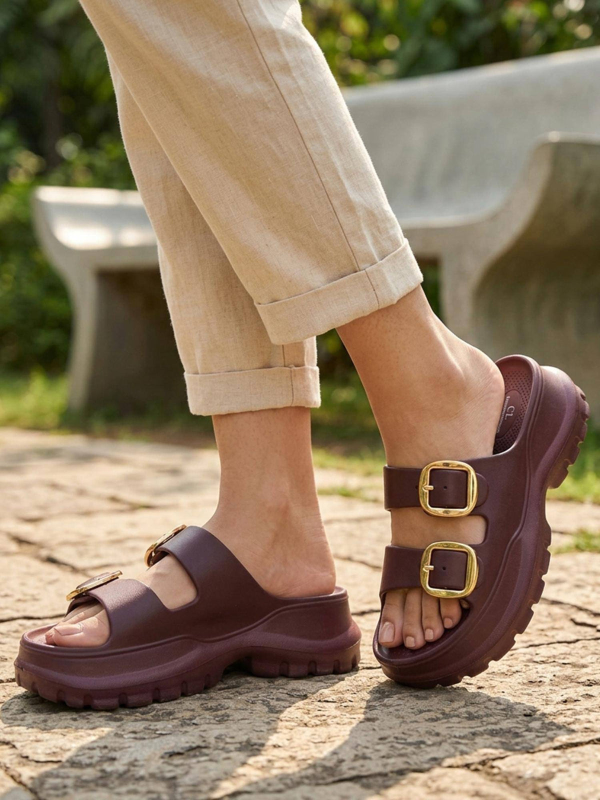 Womens Dual Strap EVA Cushion Comfort Sandals Heels - Wine | H78 - view 5