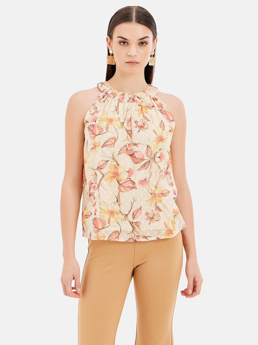 Floral Printed Halter Neck Top With Back Tie-Up | HT67 - view 1