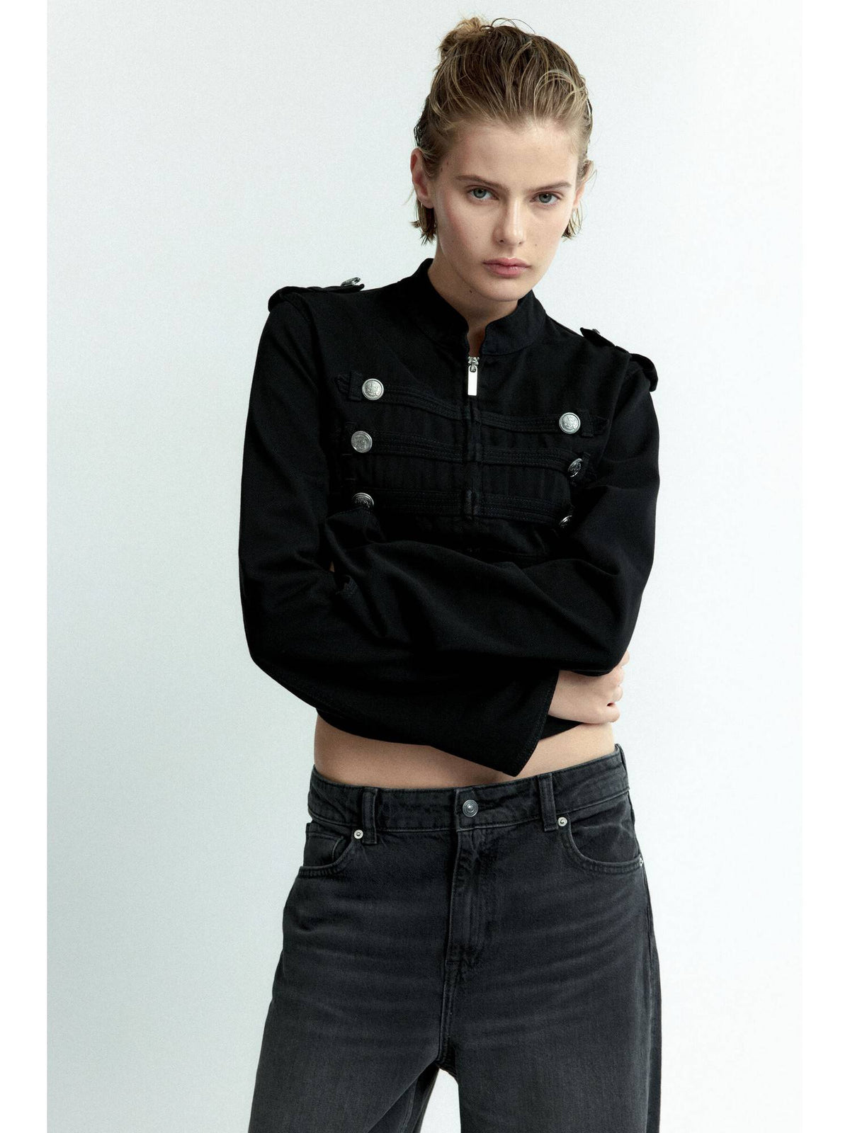 Women Black Button-Detail Cotton Twill Jacket | JC78 - view 1