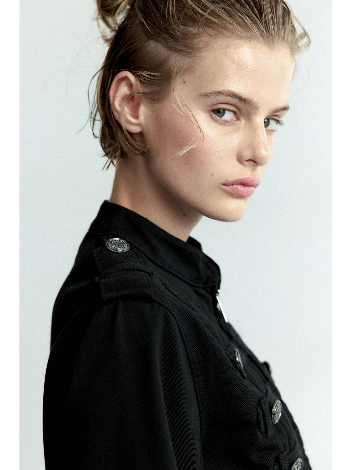 Women Black Button-Detail Cotton Twill Jacket | JC78 - view 2