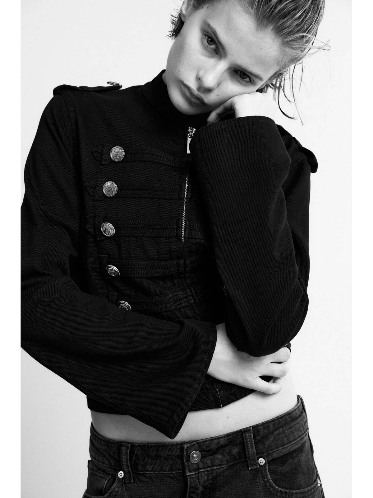 Women Black Button-Detail Cotton Twill Jacket | JC78 - view 3