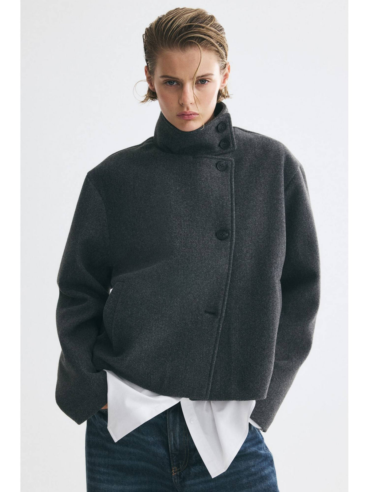 Women Charcoal Felted Funnel-Collar Jacket | JC78 - view 1