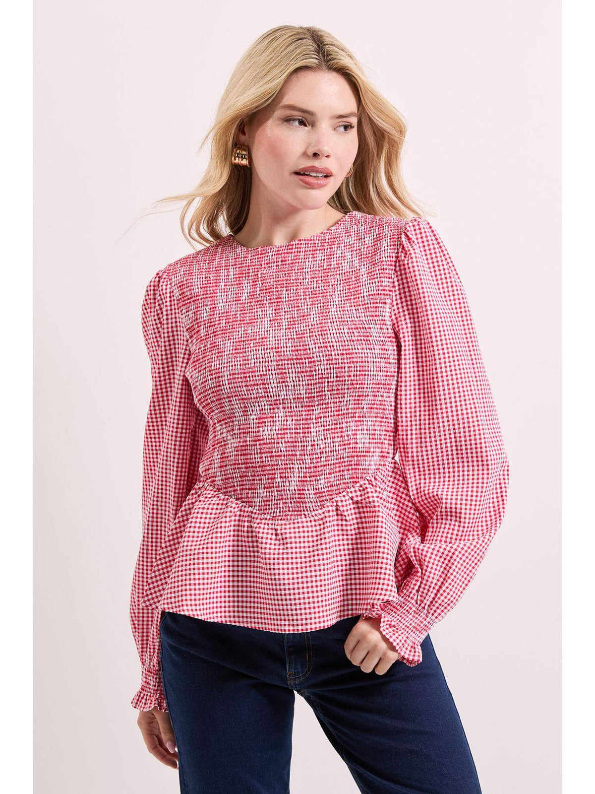 Gingham Shirred Bodice Blouson Sleeve Peplum Top | pt51 - view 1
