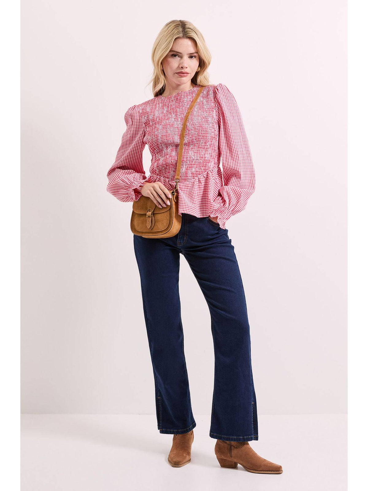Gingham Shirred Bodice Blouson Sleeve Peplum Top | pt51 - view 2