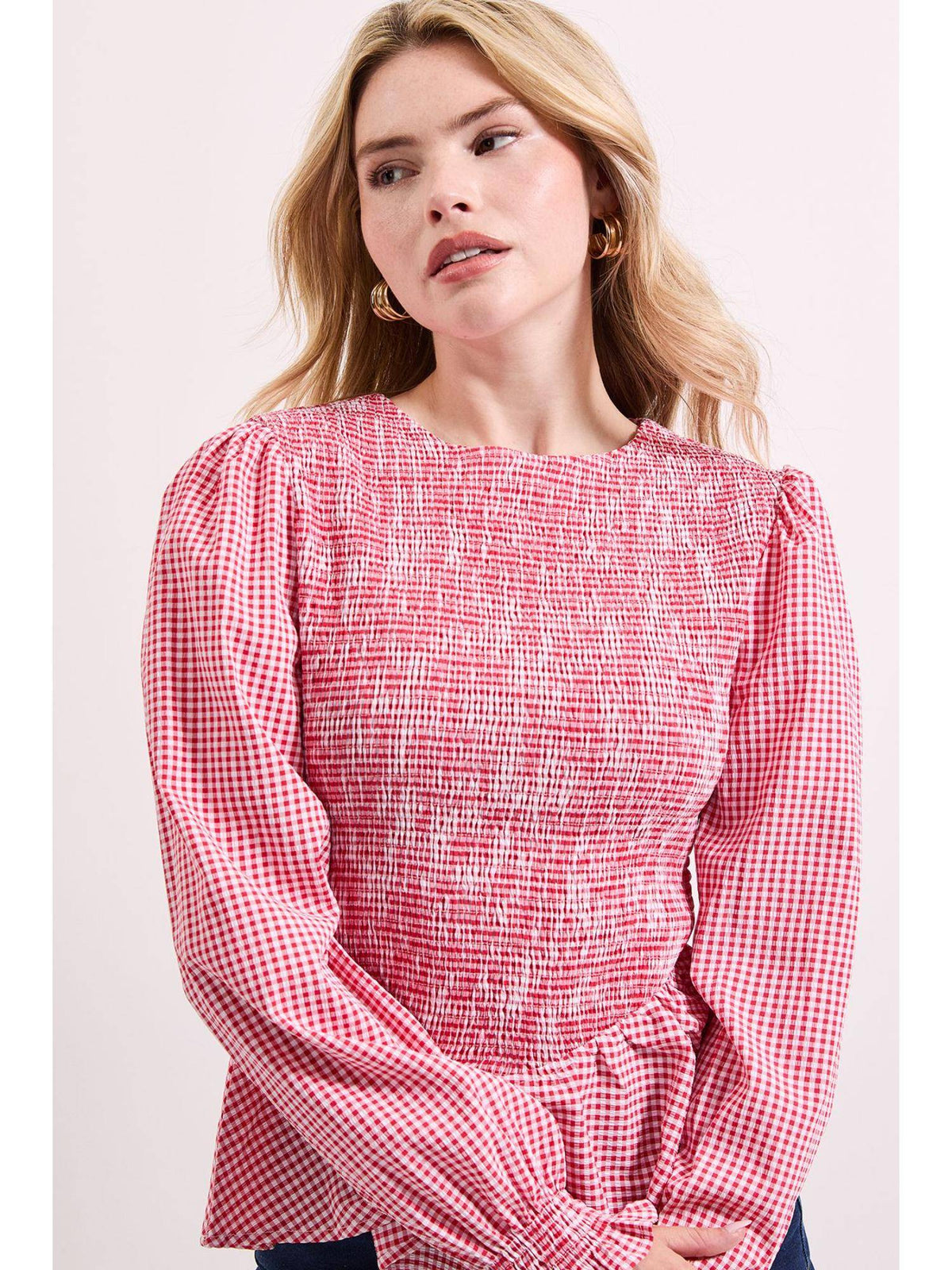 Gingham Shirred Bodice Blouson Sleeve Peplum Top | pt51 - view 4