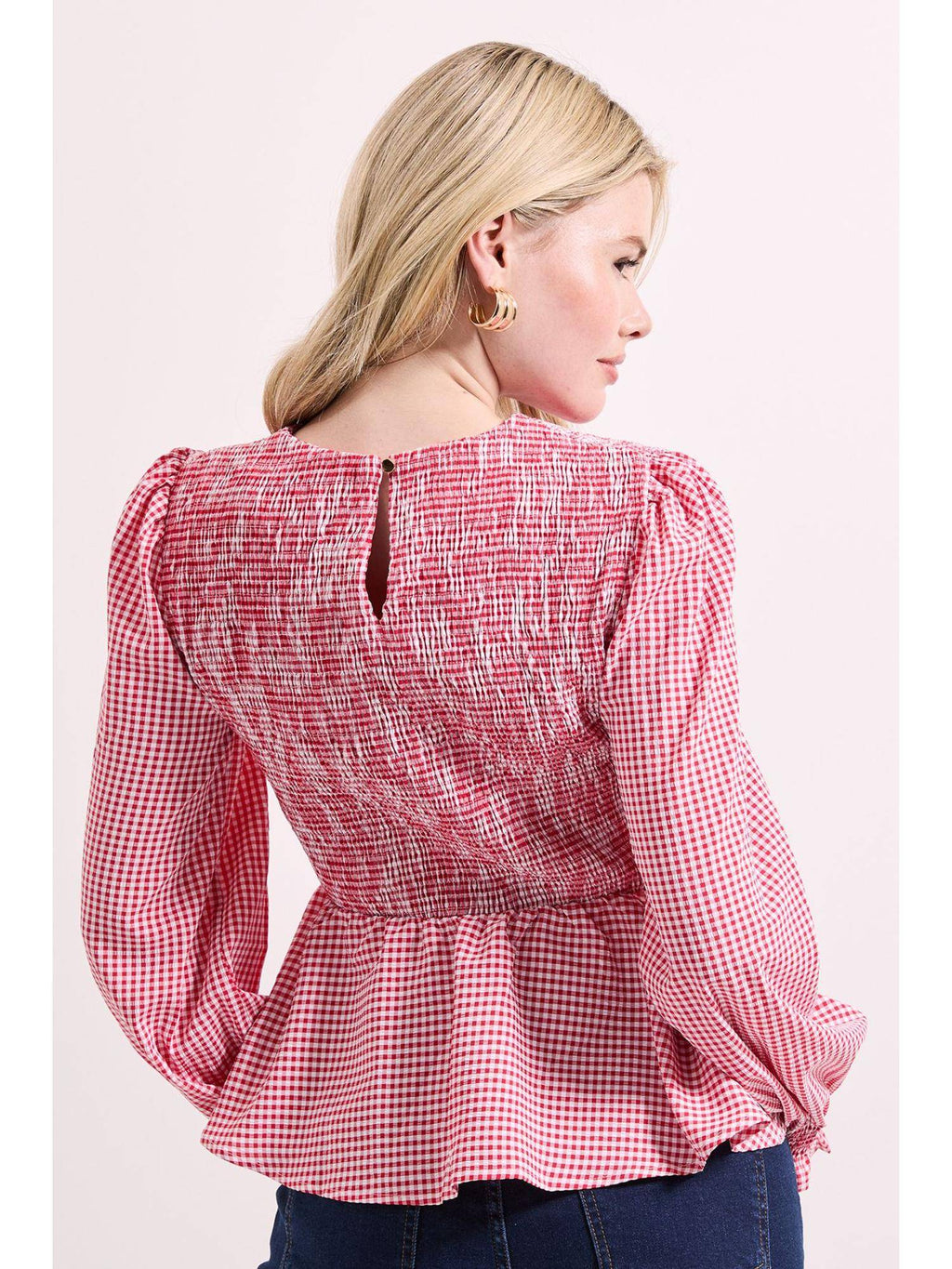 Gingham Shirred Bodice Blouson Sleeve Peplum Top | pt51 - view 5