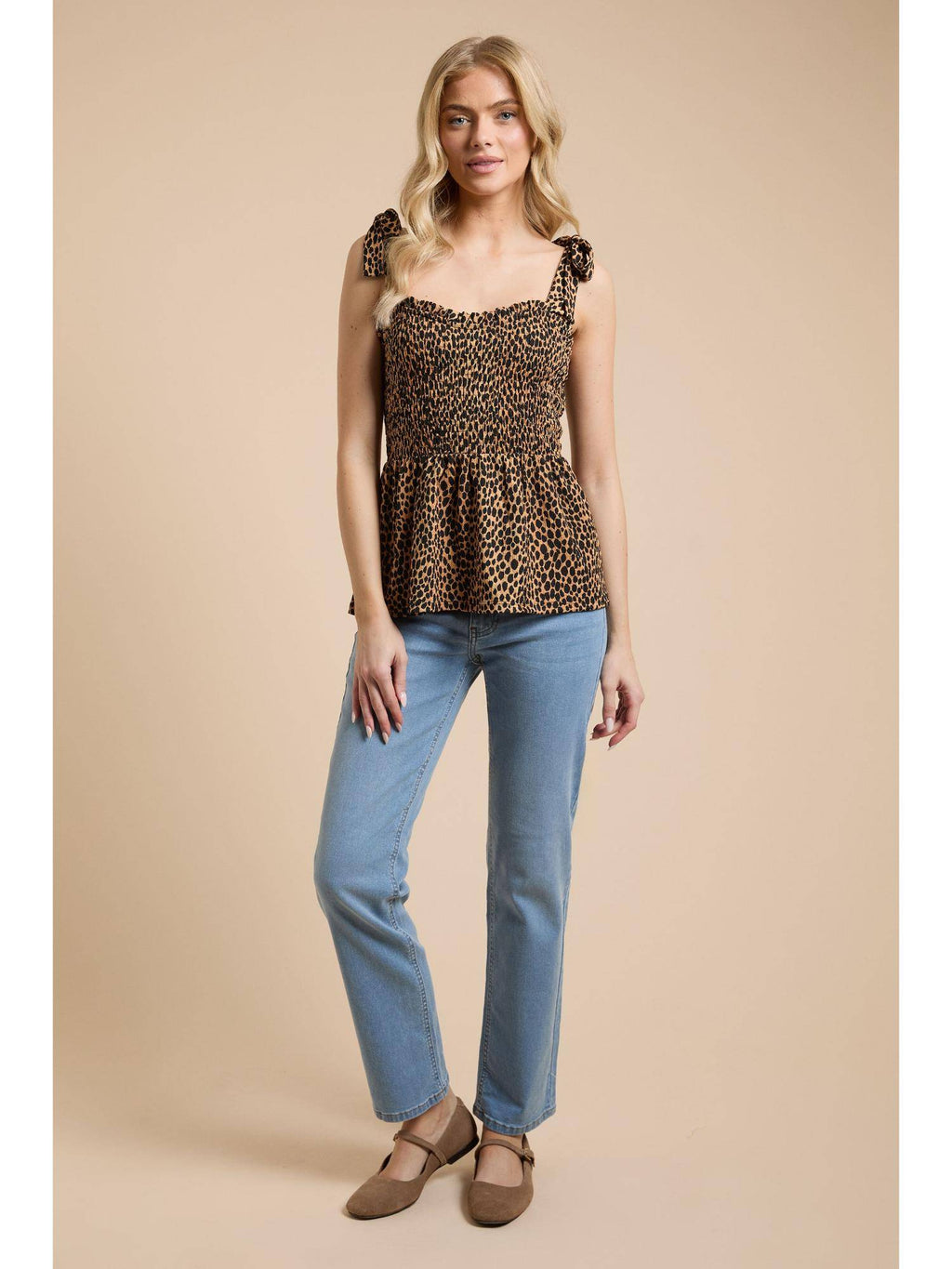 Leopard Tie Shoulder Shirred Bodice Peplum Top | pt51 - view 5