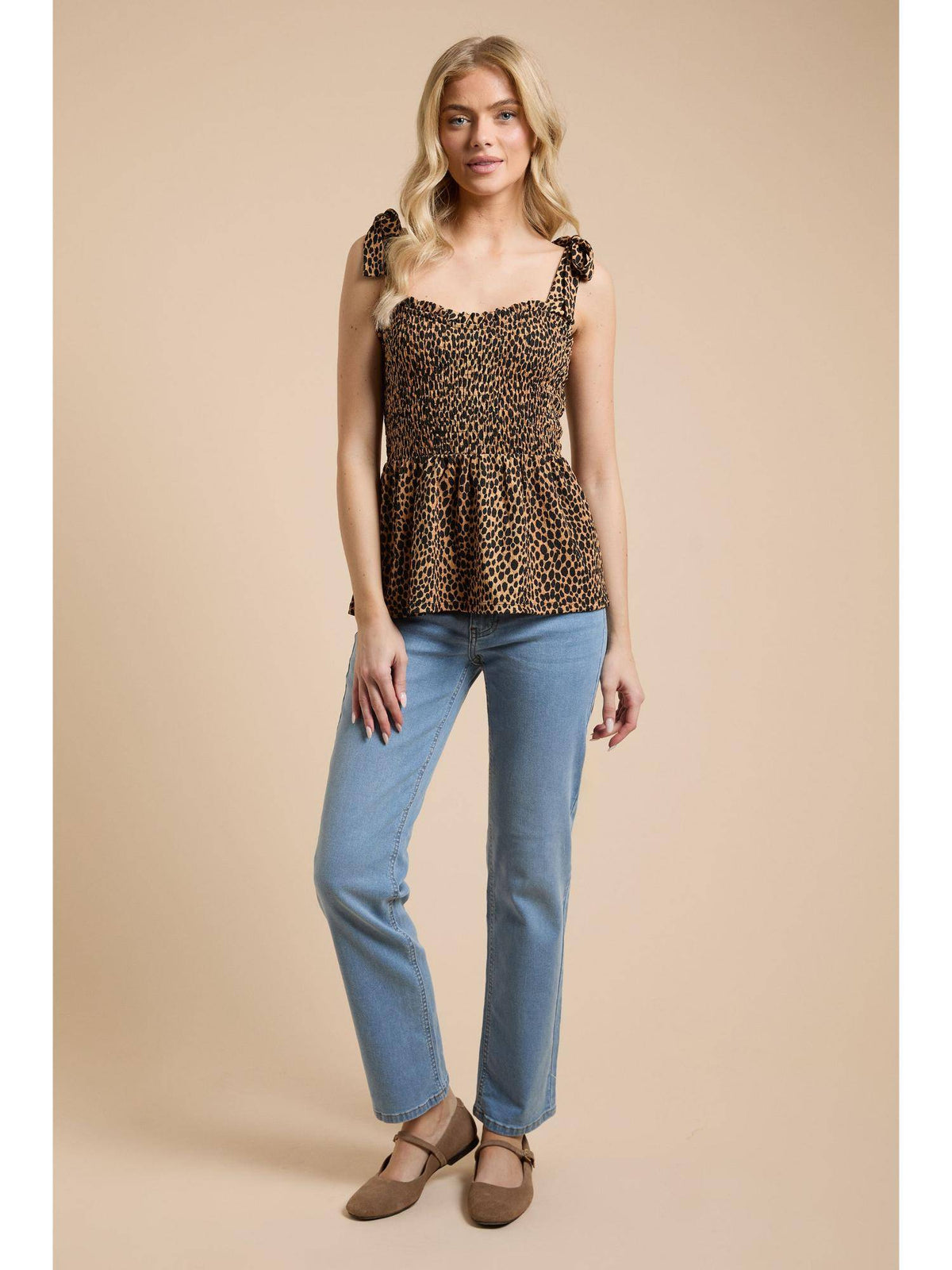 Leopard Tie Shoulder Shirred Bodice Peplum Top | pt51 - view 5