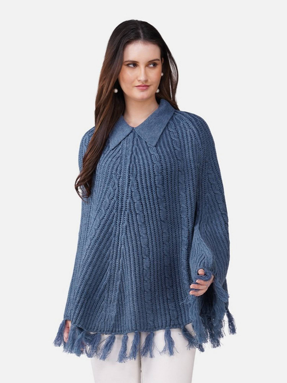 Women Cable Knit with Fringe and Shirt Collar Denim Poncho - Blue | JC78 - view 1
