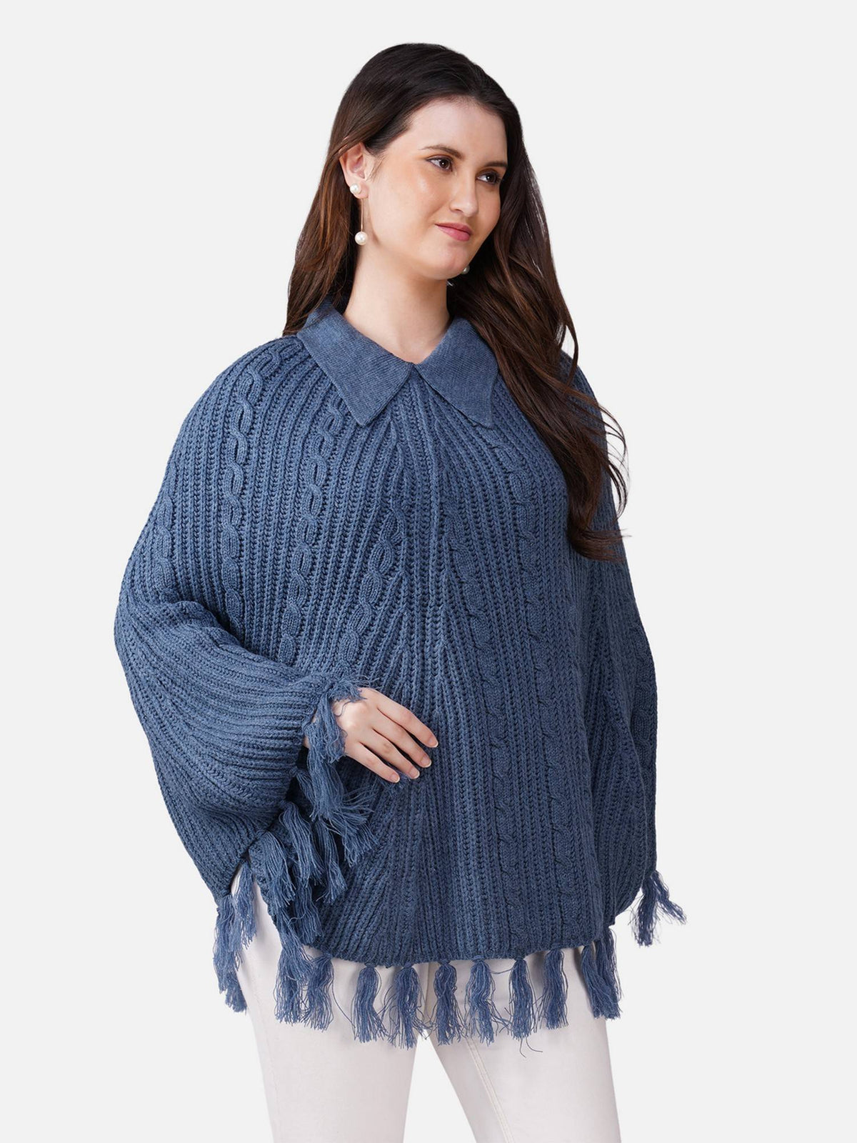 Women Cable Knit with Fringe and Shirt Collar Denim Poncho - Blue | JC78 - view 2