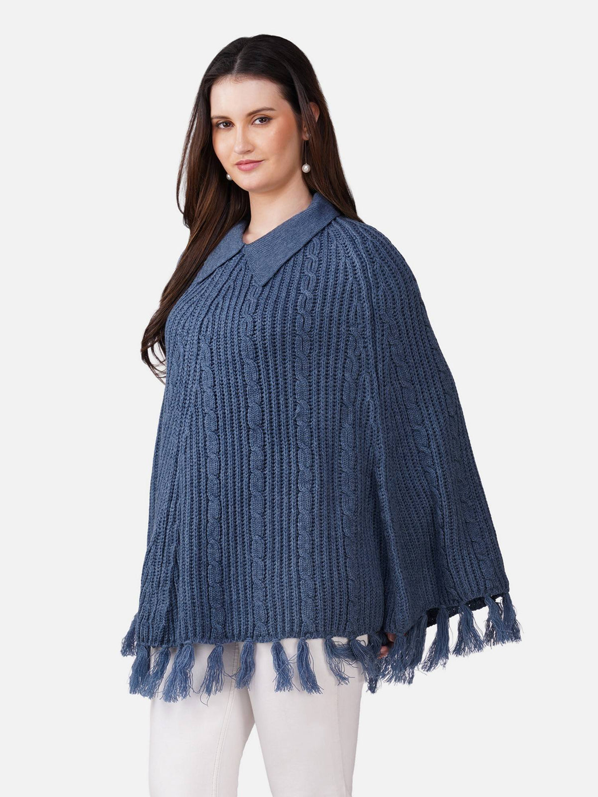 Women Cable Knit with Fringe and Shirt Collar Denim Poncho - Blue | JC78 - view 3