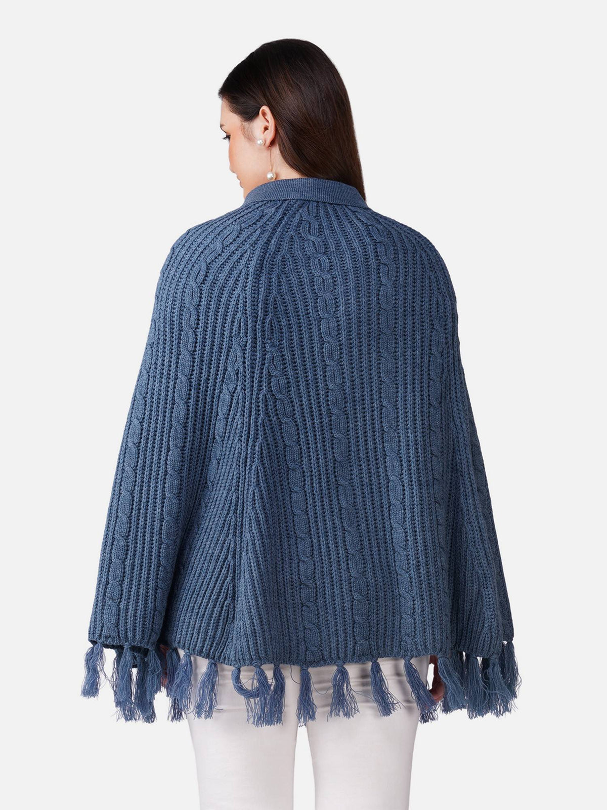 Women Cable Knit with Fringe and Shirt Collar Denim Poncho - Blue | JC78 - view 4
