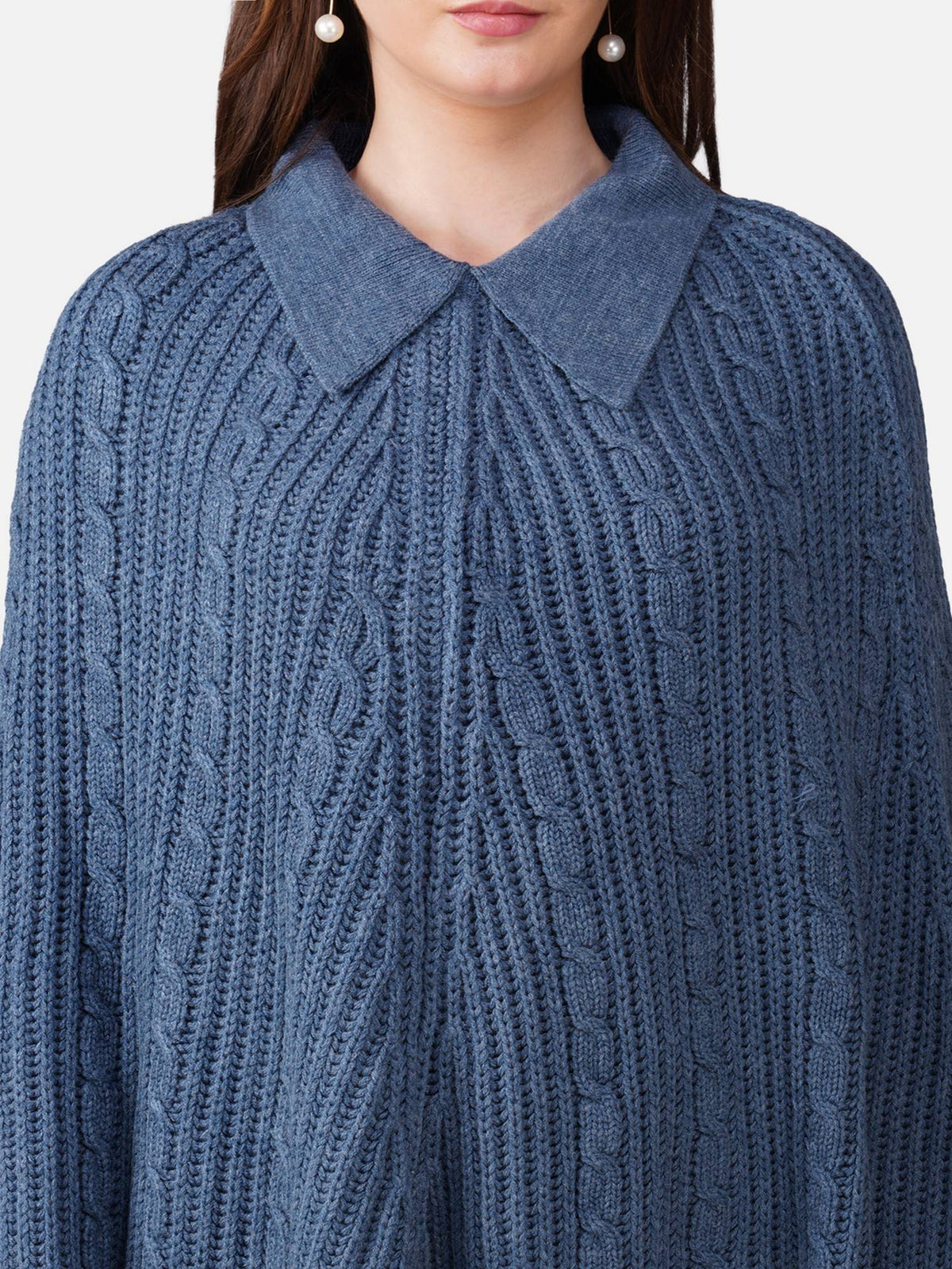 Women Cable Knit with Fringe and Shirt Collar Denim Poncho - Blue | JC78 - view 5