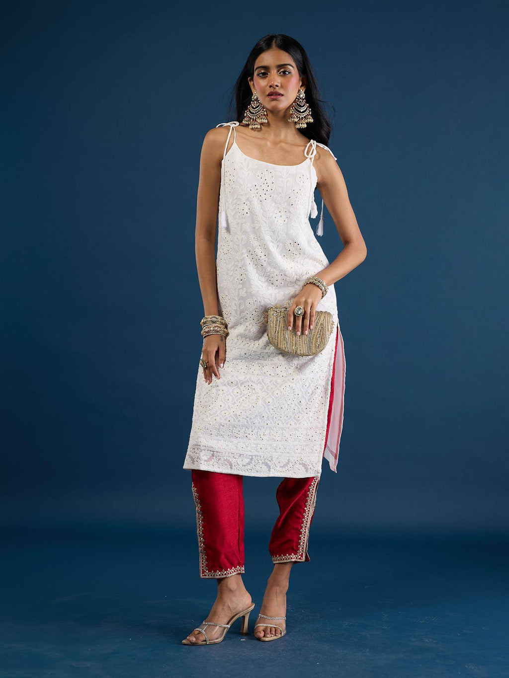 White Chikankari Strappy Kurta Trousseau Tijori | KDG - view 1