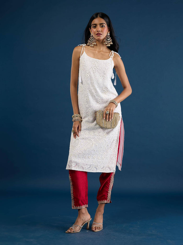 White Chikankari Strappy Kurta Trousseau Tijori | FY93 - view 1