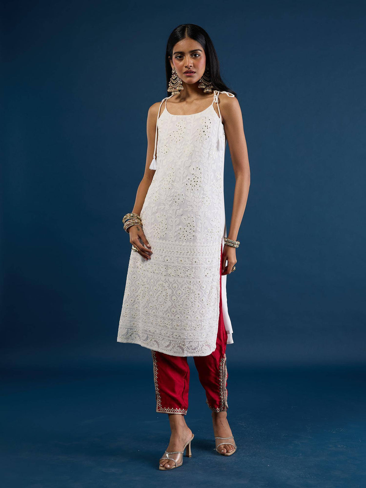 White Chikankari Strappy Kurta Trousseau Tijori | FY93 - view 2