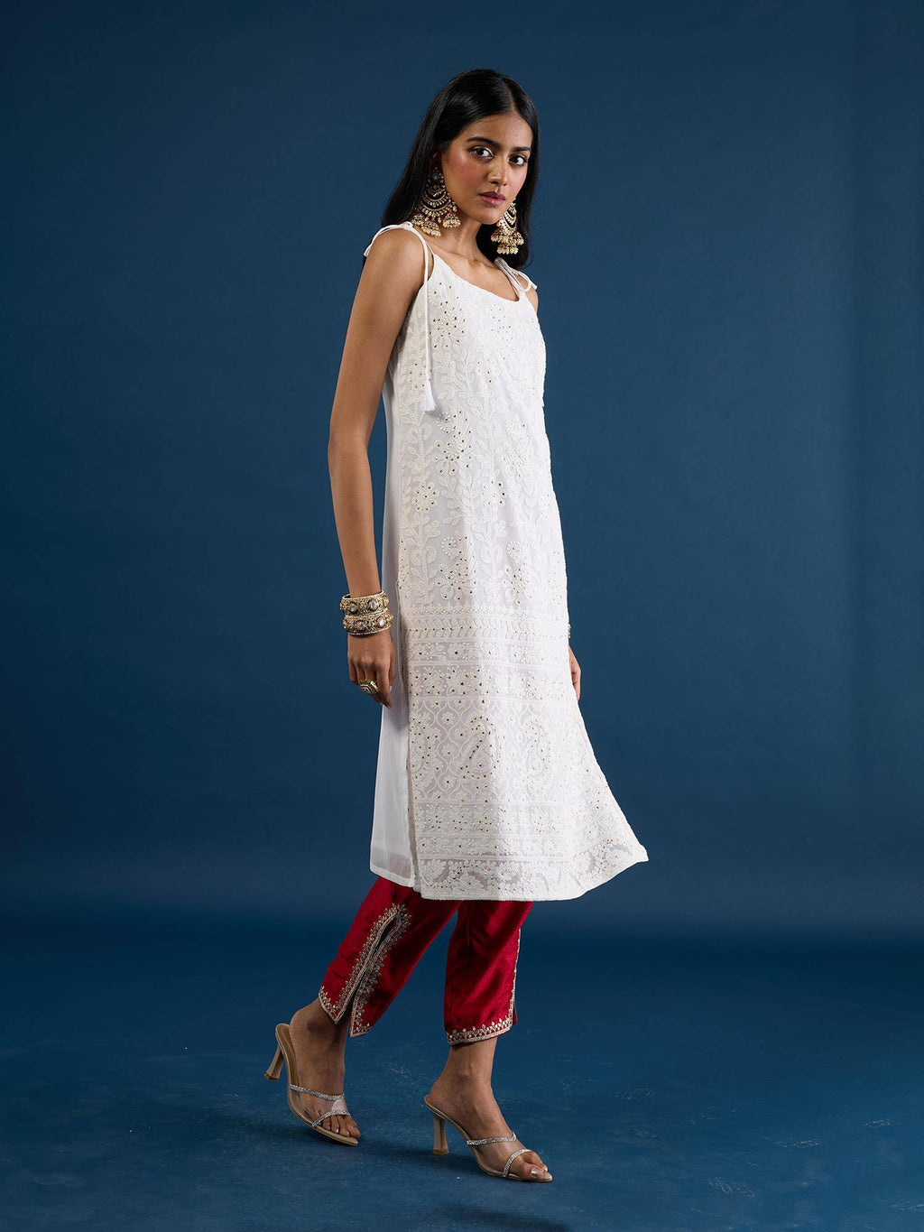 White Chikankari Strappy Kurta Trousseau Tijori | KDG - view 3