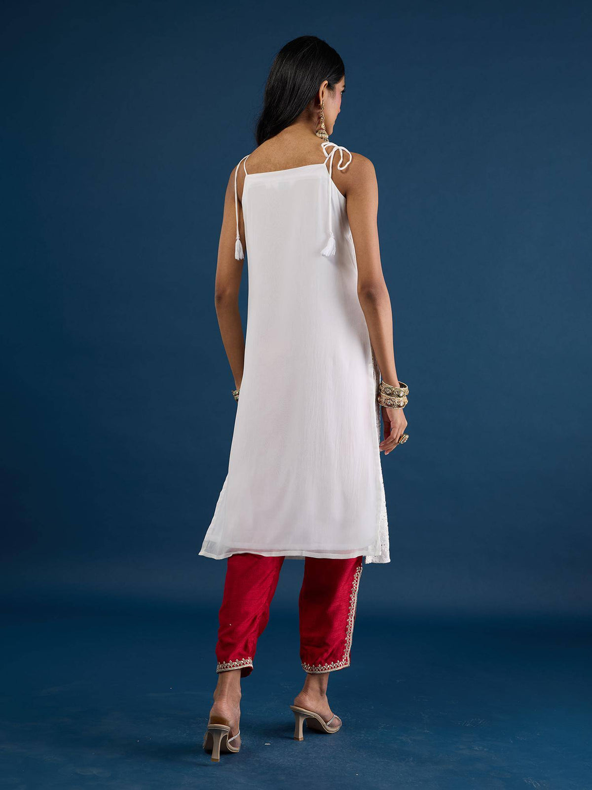 White Chikankari Strappy Kurta Trousseau Tijori | KDG - view 4