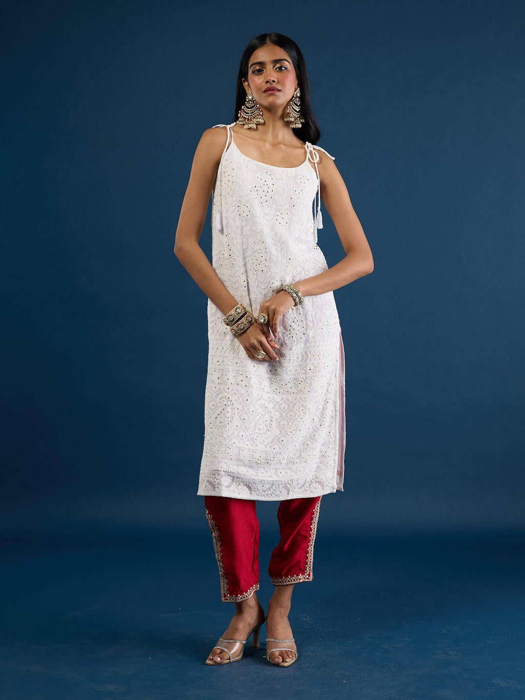 White Chikankari Strappy Kurta Trousseau Tijori | KDG - view 7
