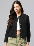 Women's Black Solid Pure Cotton Denim Jacket | JC78 - view 1