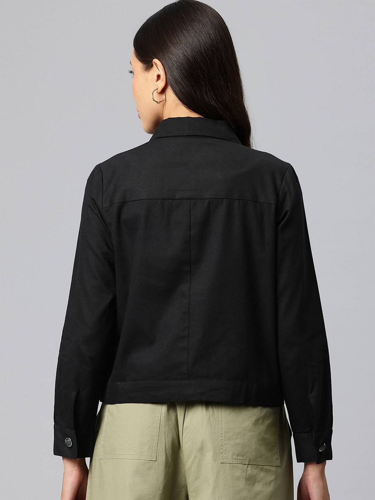 Women's Black Solid Pure Cotton Denim Jacket | JC78 - view 2
