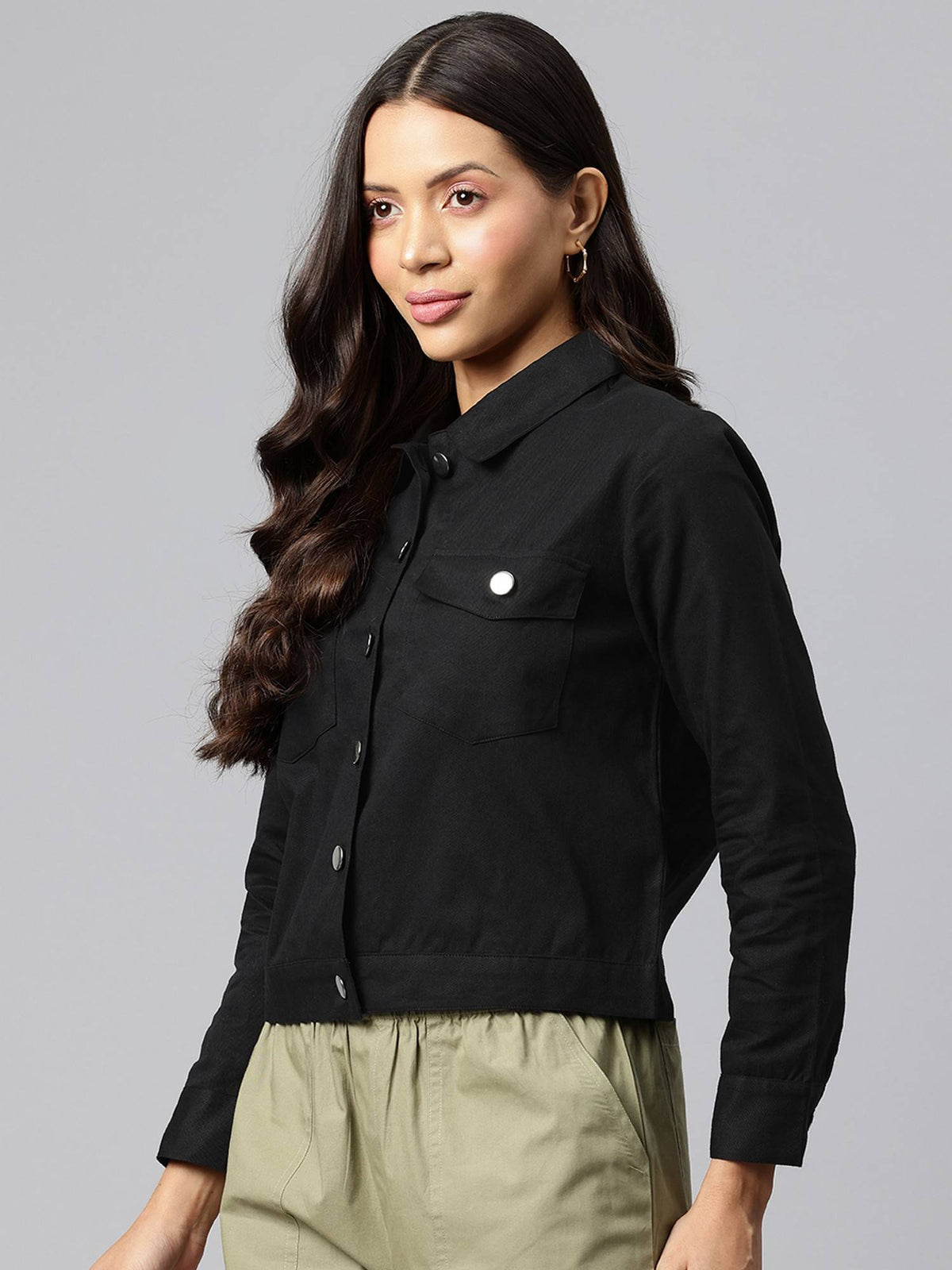 Women's Black Solid Pure Cotton Denim Jacket | JC78 - view 3