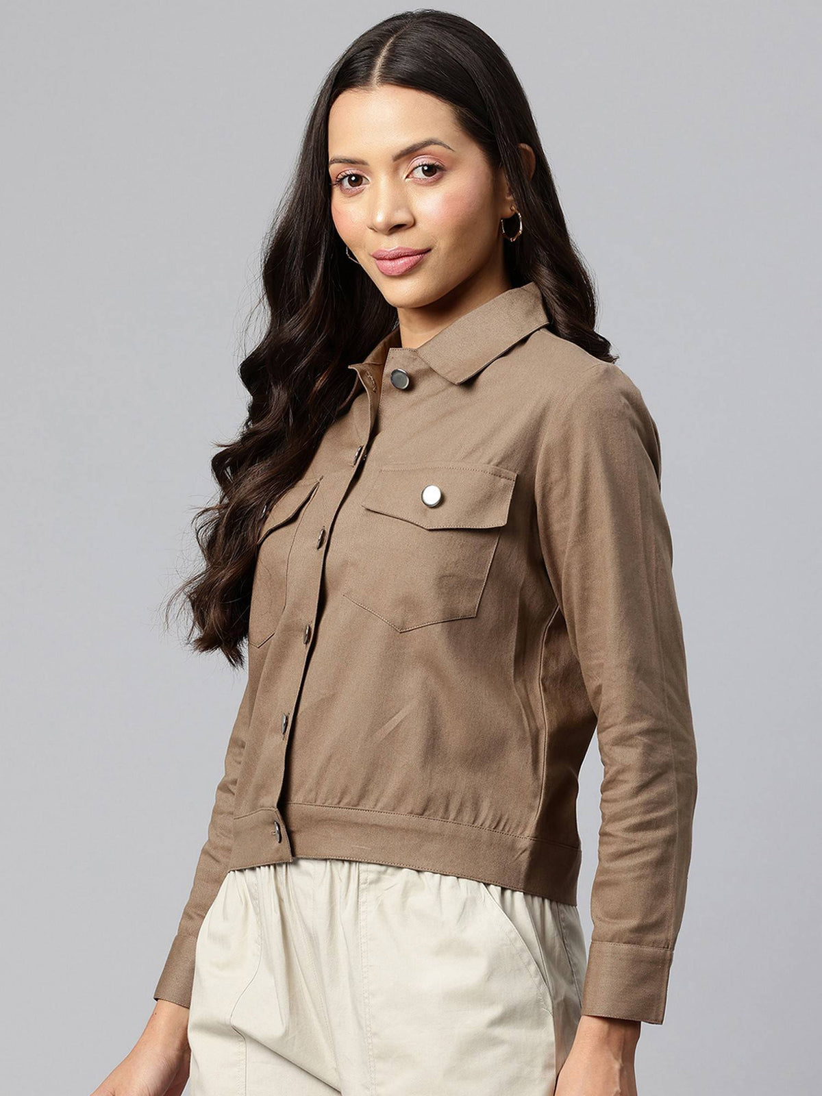 Women's Taupe Solid Pure Cotton Denim Jacket | JC78 - view 3