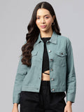 Women's Teal Solid Pure Cotton Denim Jacket | JC78 - view 1