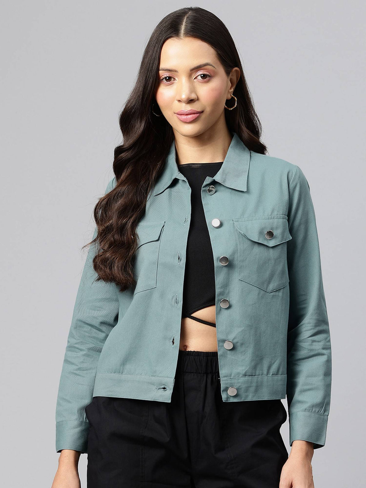 Women's Teal Solid Pure Cotton Denim Jacket | JC78 - view 1